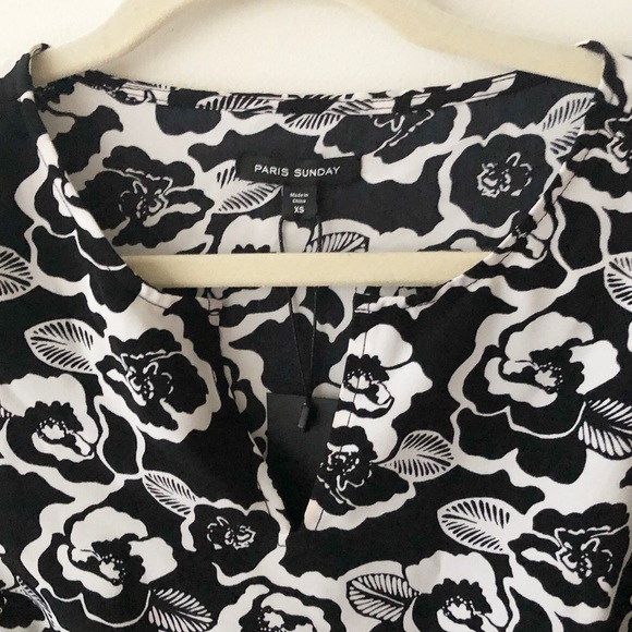 Paris Sunday | Black & White Floral Print Elbow Sleeve Shift Dress *NWT* - Picture 2 of 10